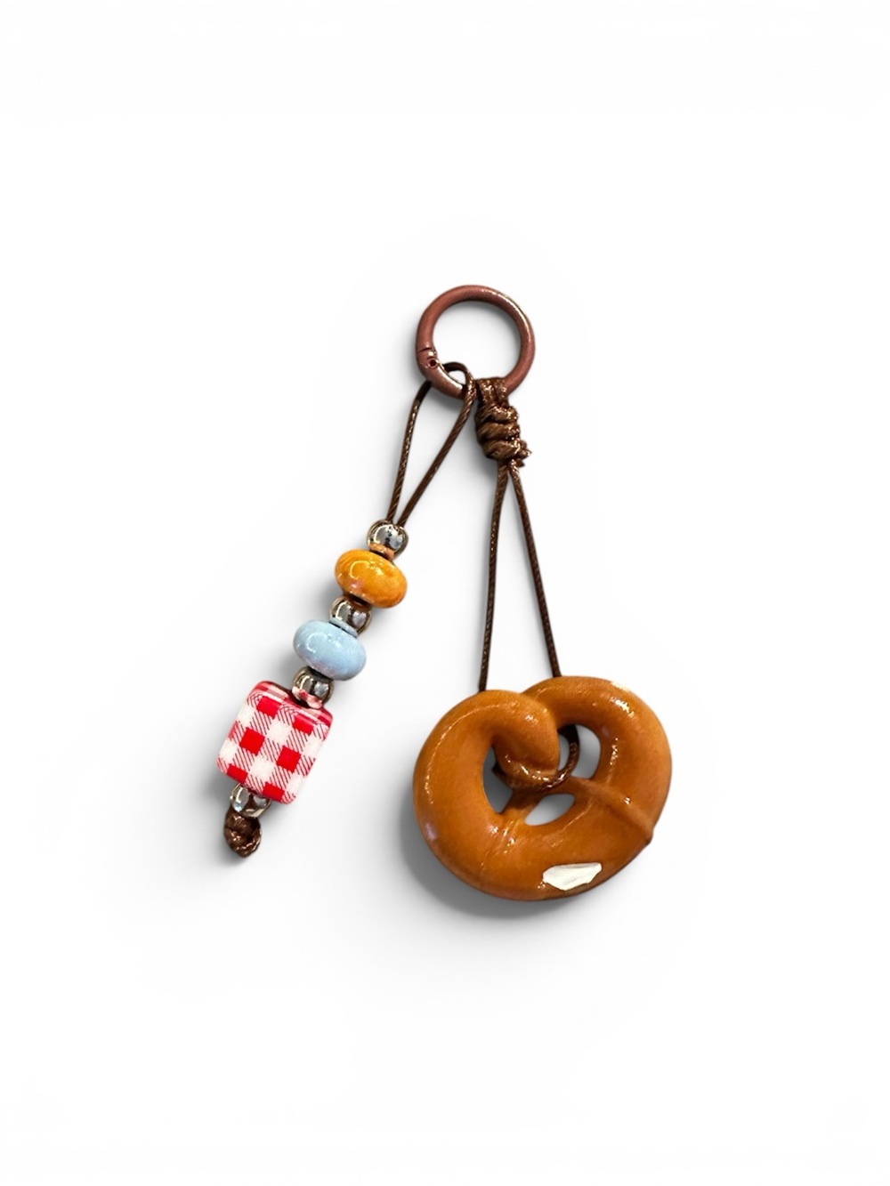Brown Pretzel Keychain with Bead Charm - accessory for a bag or keys